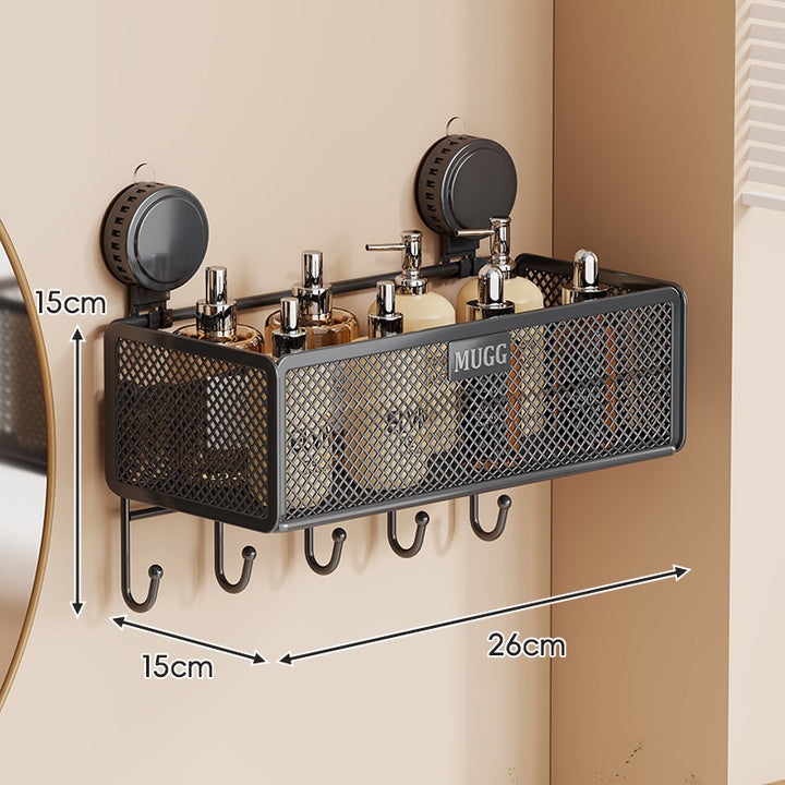 Wall-Mounted Suction Mesh Bathroom Organizer Shelf with Multi-Hook Rack