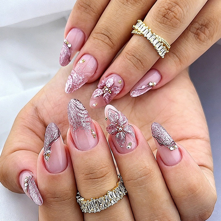 Acrylic nail set with elegant flower and glitter patterns Kalsten