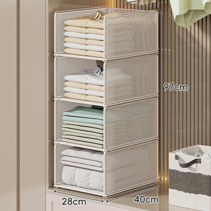 Vertical Stackable Mesh Closet Storage Tower with Four Pull-Out Ventilated Drawers