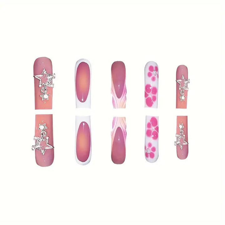 Decorative Floral and Star Press-On Nail Art Kalsten
