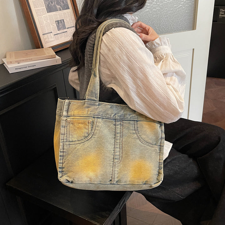 Denim-Inspired Multi-Pocket Tote Bag