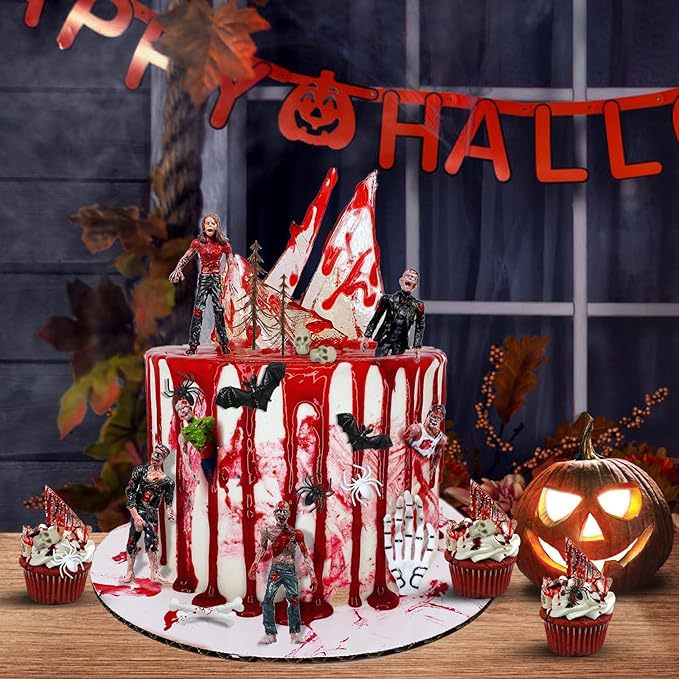 Creepy Halloween Cake Decoration Set with Zombies, Skulls, and Acrylic Splinters