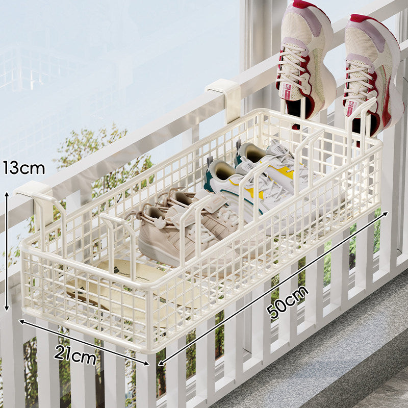 Over-Rail Balcony Shoe Drying and Storage Basket with Divided Mesh Compartments