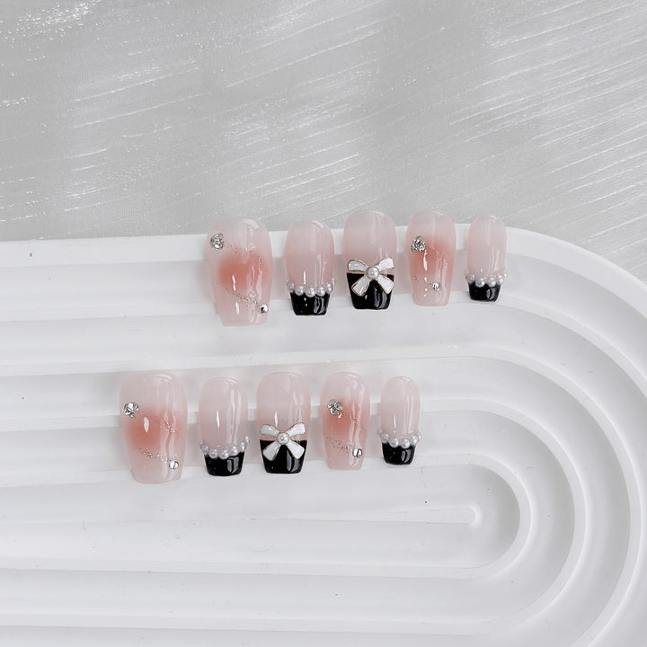 Artistic Press-On Nail Set with Gem Accents