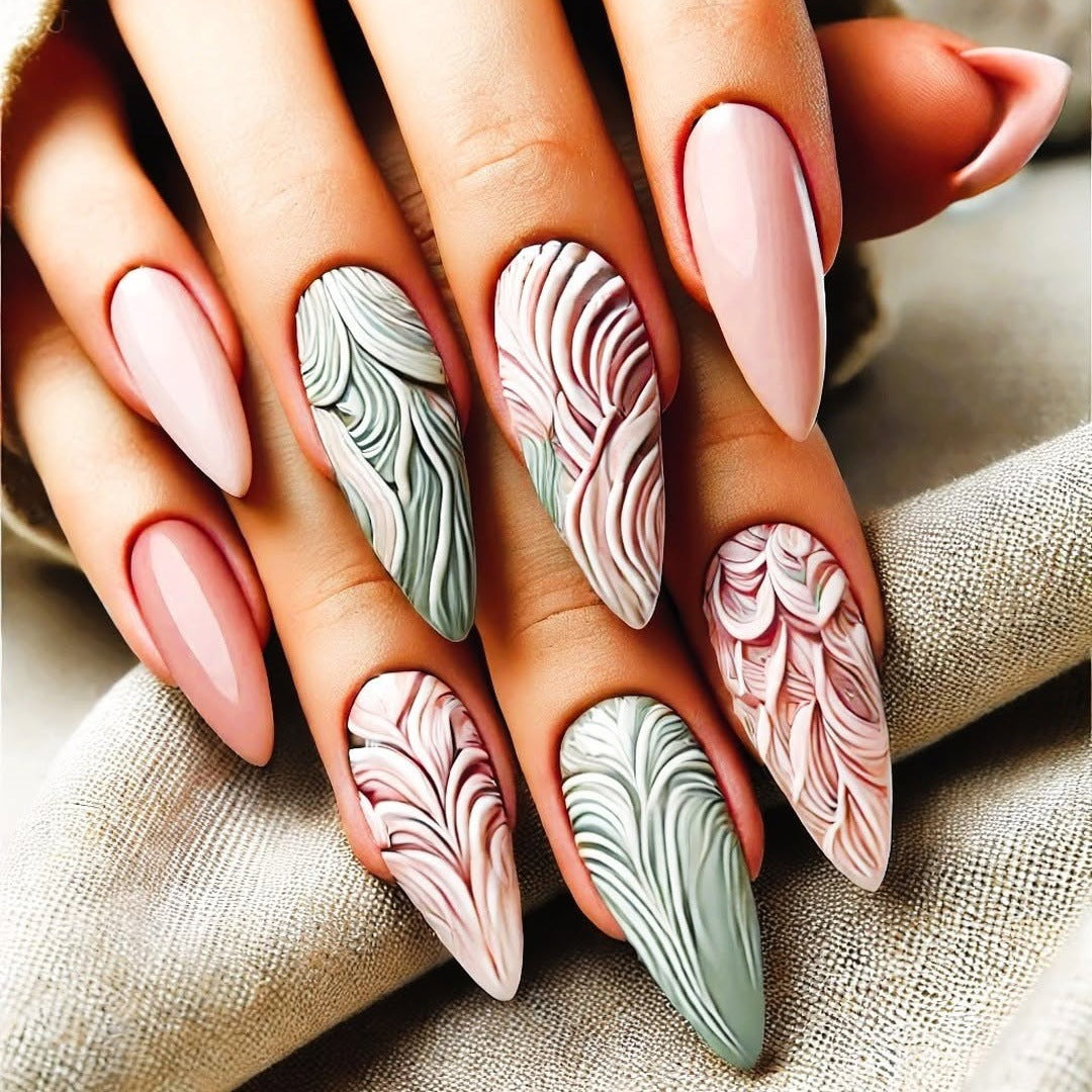 Artificial Nails Set with Modern Marble and Flower Patterns Kalsten