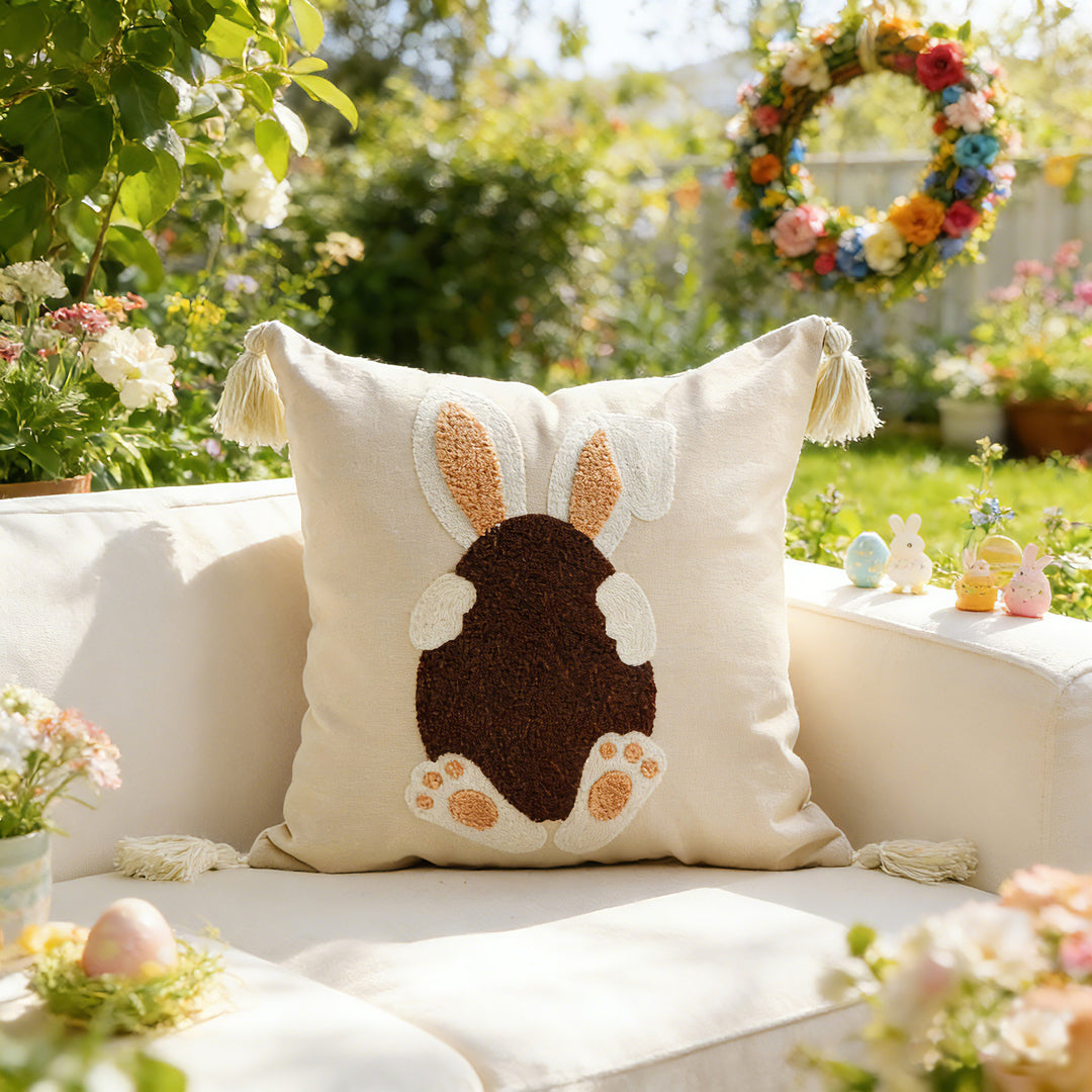 Embroidered Bunny Linen Blend Lumbar Throw Pillow with Tassel Corners