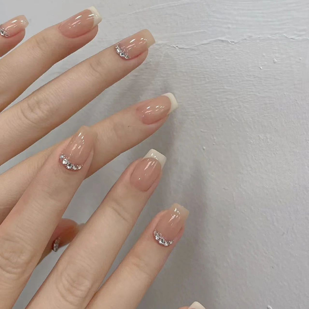Elegant French Tip Press-On Nails with Rhinestone Accents Kalsten
