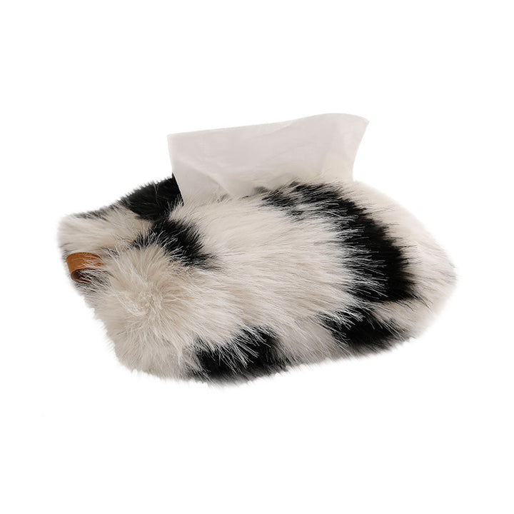 Plush tissue box cover made of faux fur with colorful pom-pom corners Kalsten