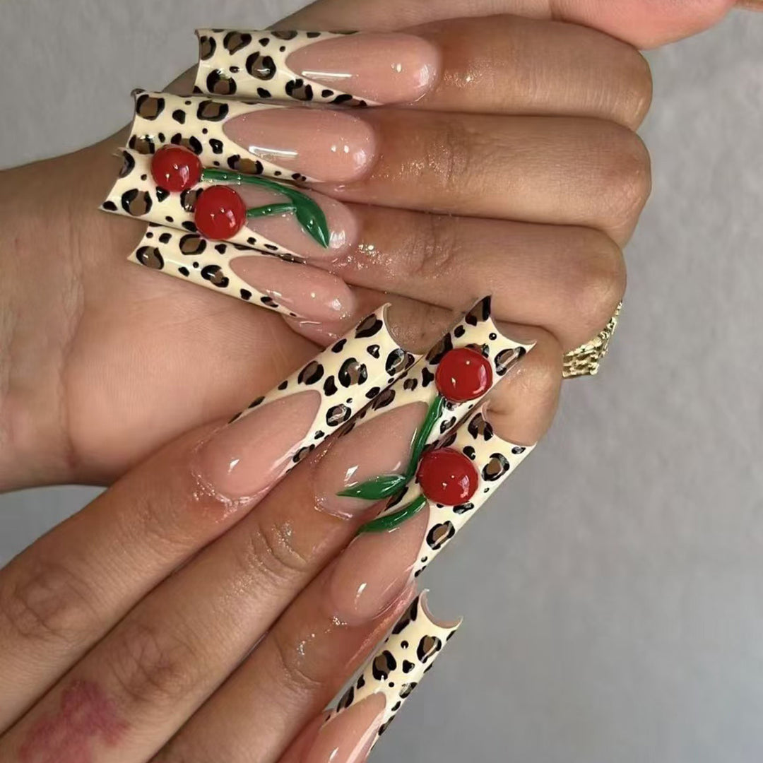 Animal Print Stiletto Press-On Nails with Cherry Design Kalsten