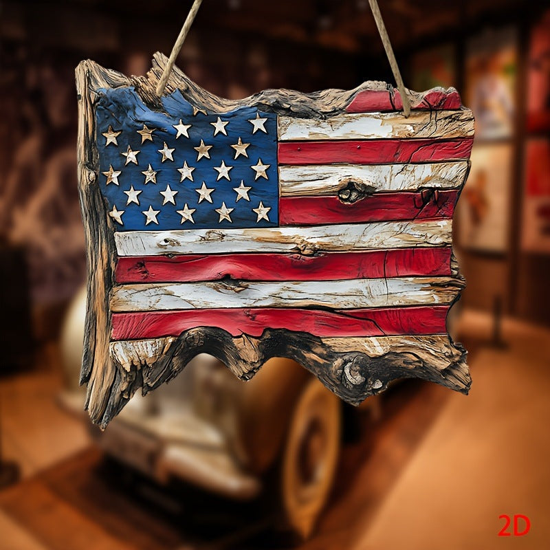 Unisex nan hand-carved rustic wood wall relief USA flag shape with 3D stars Kalsten