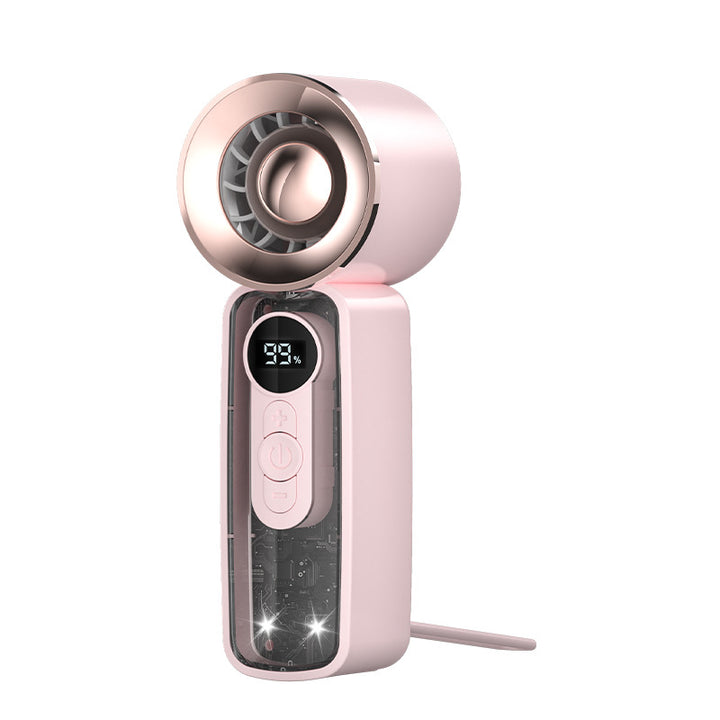 Cooling bladeless micro-turbine handheld fan with OLED battery display and fold-out stand Kalsten