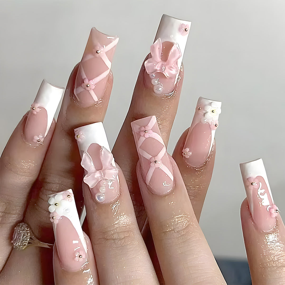 Floral Bow-Embellished Long Press-On Nails Kalsten