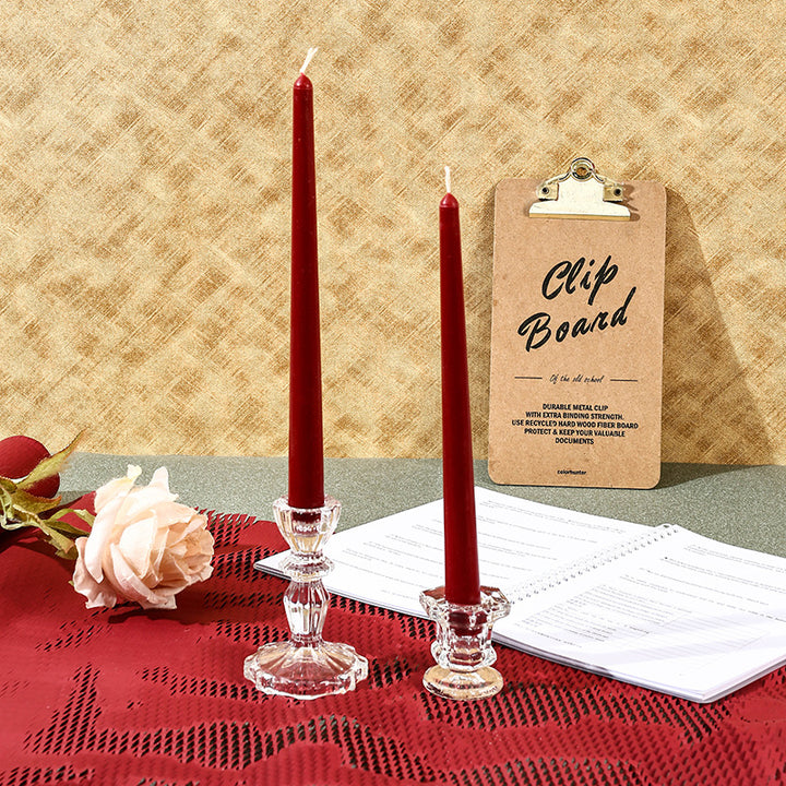 Unscented Slim Taper Candle Pair with Clear Crystal Glass Candlestick Holders