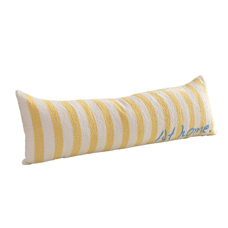 Elongated bench and windowsill cushion with nautical stripe texture and embroidered lettering Kalsten