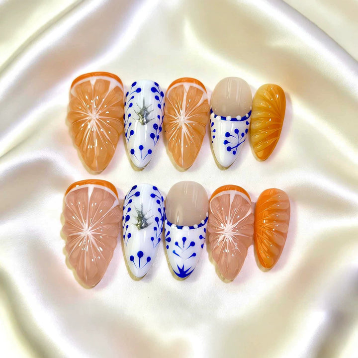 Artistic Press-On Nail Set Featuring Citrus Patterns