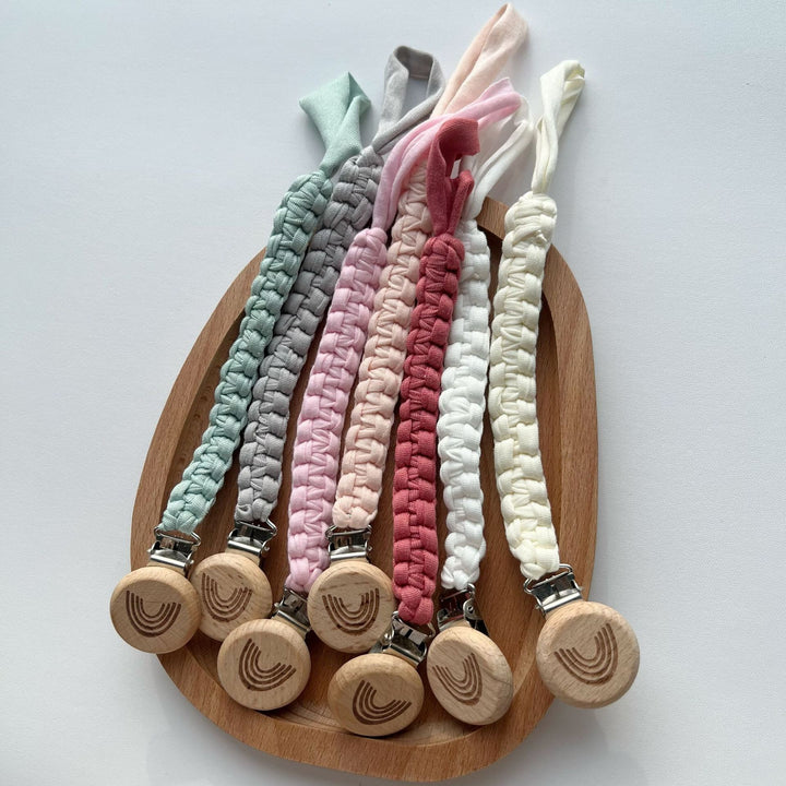 Braided Cotton Pacifier Lanyard with Engraved Wooden Safety Clip