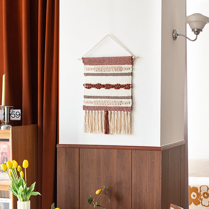 Woven Boho wall tapestry with macrame fringes and handcrafted textured relief Kalsten