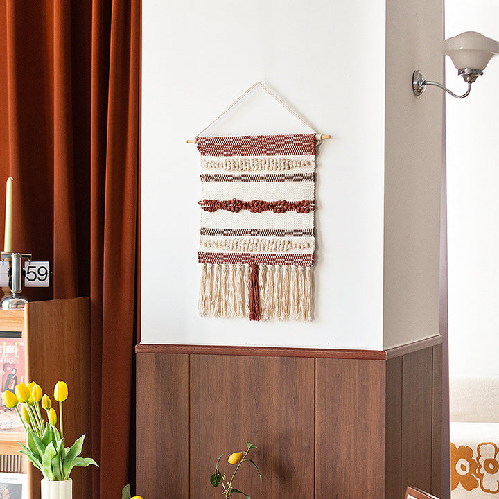 Woven Boho wall tapestry with macrame fringes and handcrafted textured relief Kalsten