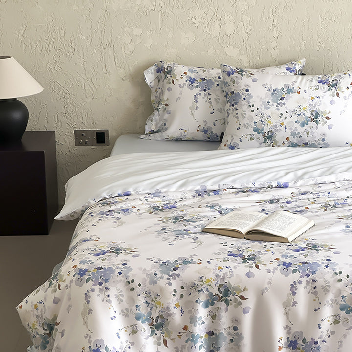Luxurious satin bedding set with floral watercolor print and silky shiny finish