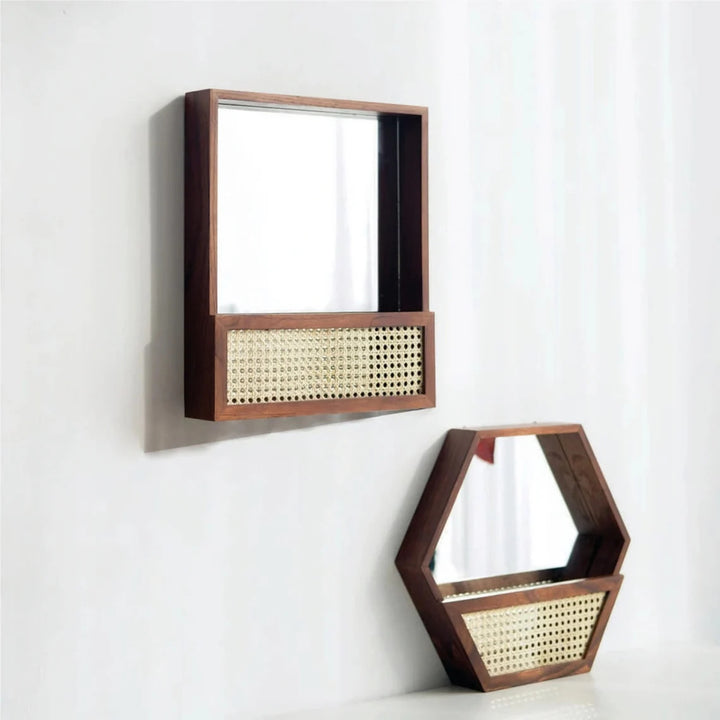 Rustic wall mirror with natural rattan frame Kalsten
