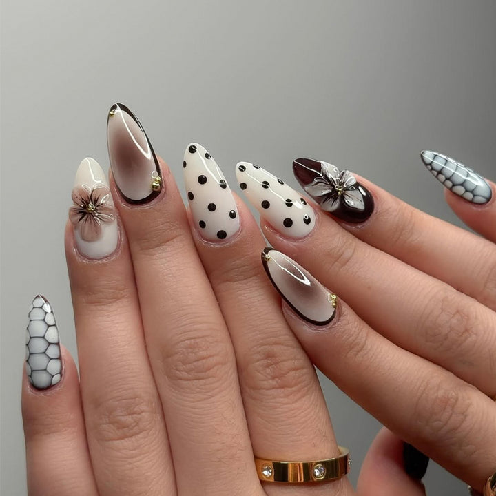 Artistic Stiletto Press-On Nail Set with Polka Dot and Floral Designs Kalsten