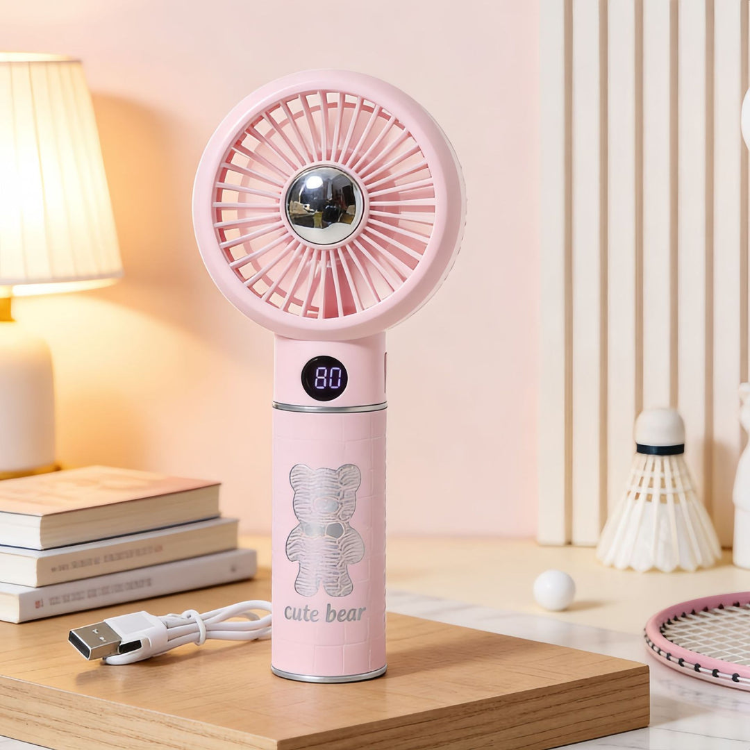 Women portable hand fan with digital speed display and playful bear motif Kalsten