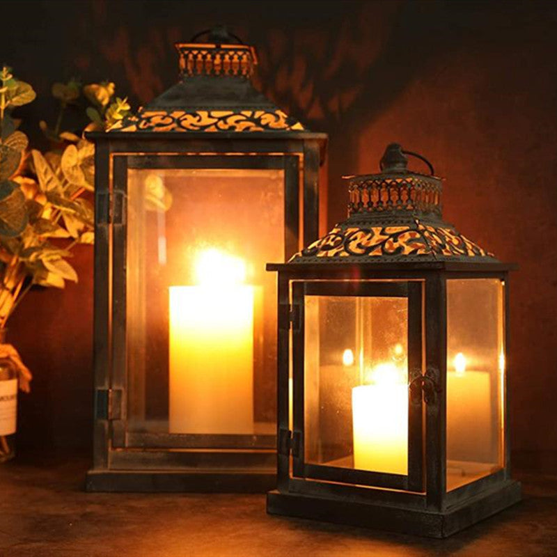 Ornate Distressed Wooden and Metal Glass-Paneled Decorative Lantern Kalsten