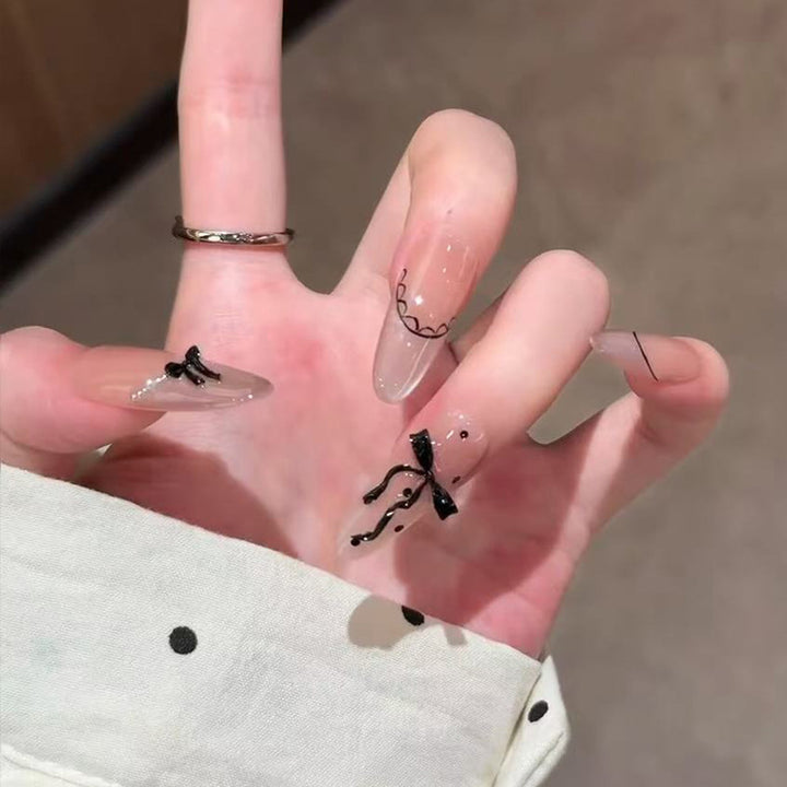 Artistic Press-On Nail Set with Elegant Bow and Pattern Details Kalsten