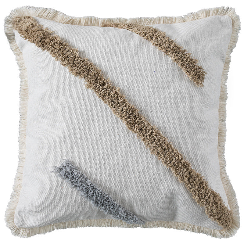 Square decorative pillow cover with fringes and hand-tufted diagonal stripes
