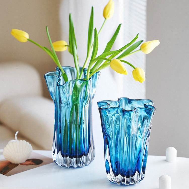 Handblown Ribbed Petal-Rim Decorative Glass Centerpiece Vase Kalsten