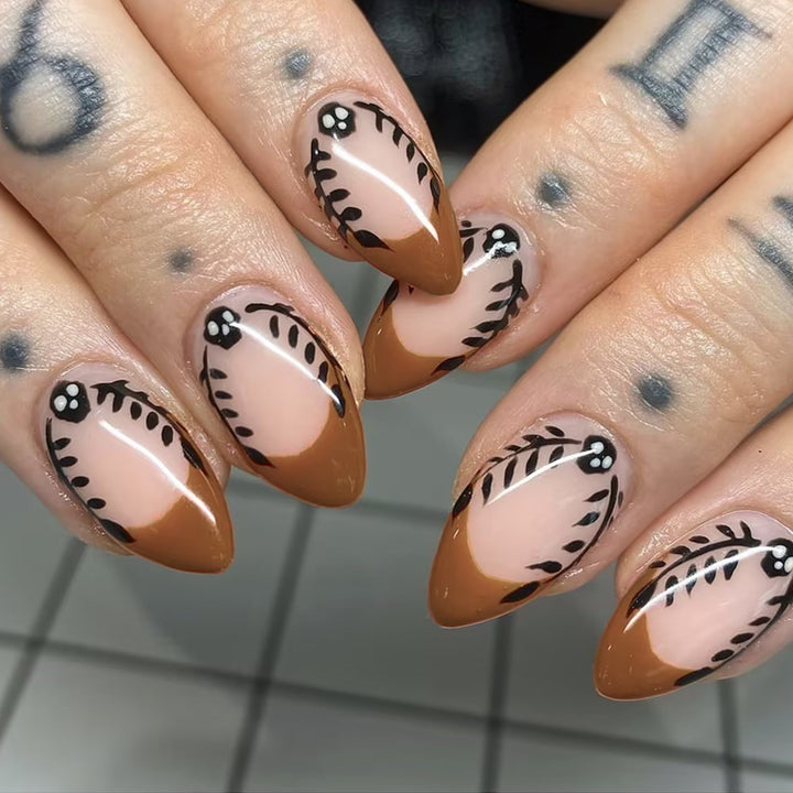 Artistic Press-On Nail Set with Floral and Leaf Patterns Kalsten