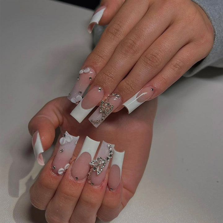 Decorative Long Press-On Nails with Rhinestone and Floral Accents Kalsten