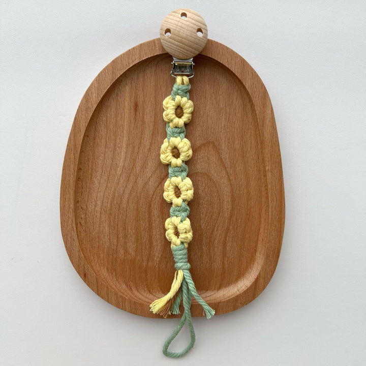 Macramé Flower Pacifier Clip with Wooden Safety Clamp