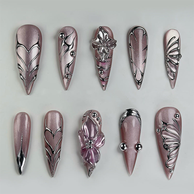 Artistic Press-On Nail Set with Intricate Floral Designs kalsten