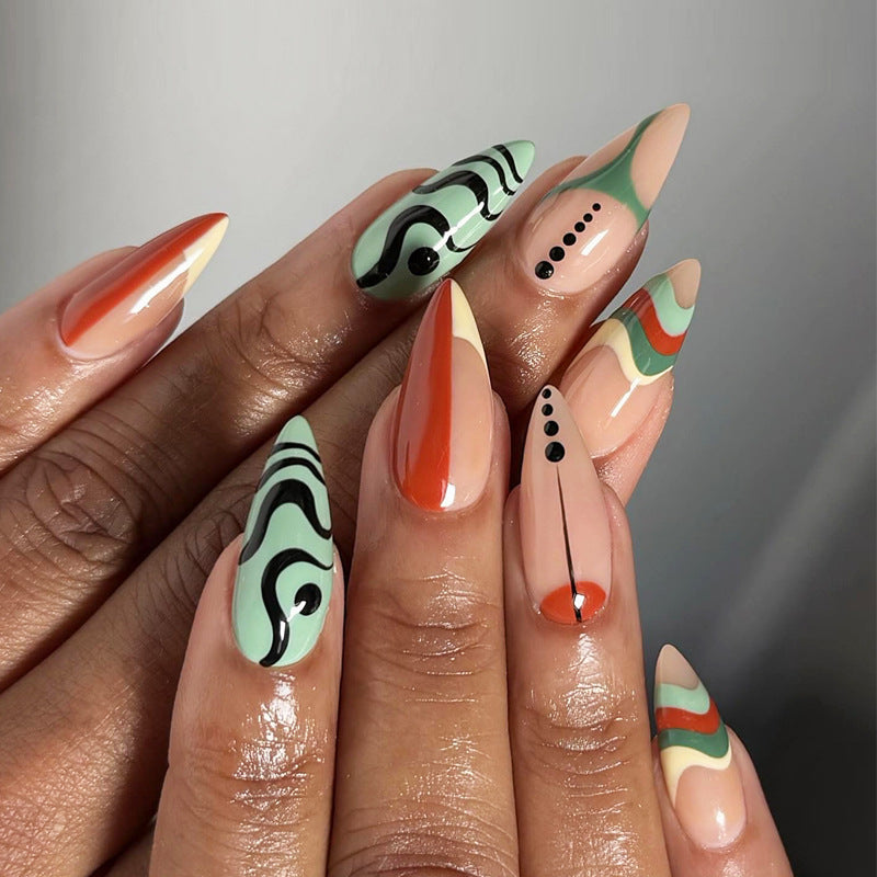 Artistic Stiletto Press-On Nails with Patterned Design Kalsten