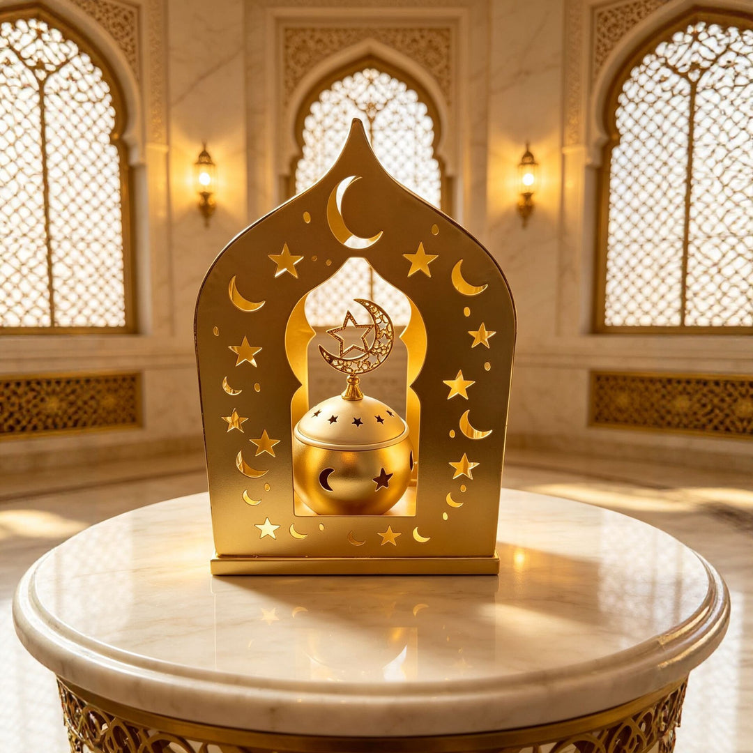 Ornate Metal Crescent-Star Tabletop Lantern with Rotating Incense Burner Kalsten