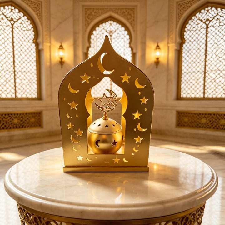 Ornate Metal Crescent-Star Tabletop Lantern with Rotating Incense Burner Kalsten