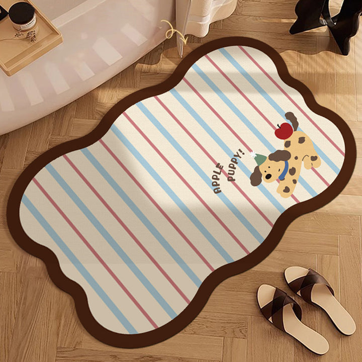 Decorative Scalloped Non-Slip Striped Bath Mat with Lucky Cat Print