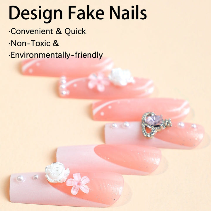 Elegant artificial nail set with glitter and floral accents Kalsten