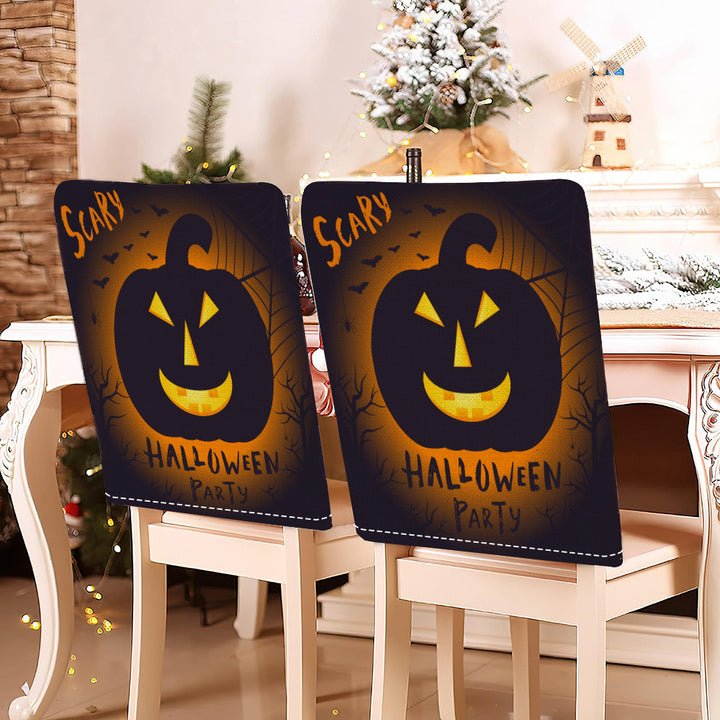 festive Halloween chair covers made of stretchable polyester with witch hat and lettering design