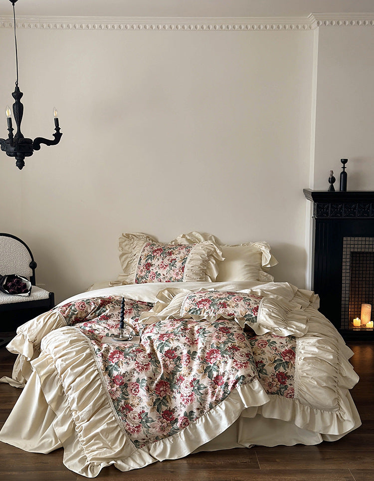 Victorian floral bedding set with ruffle and frill