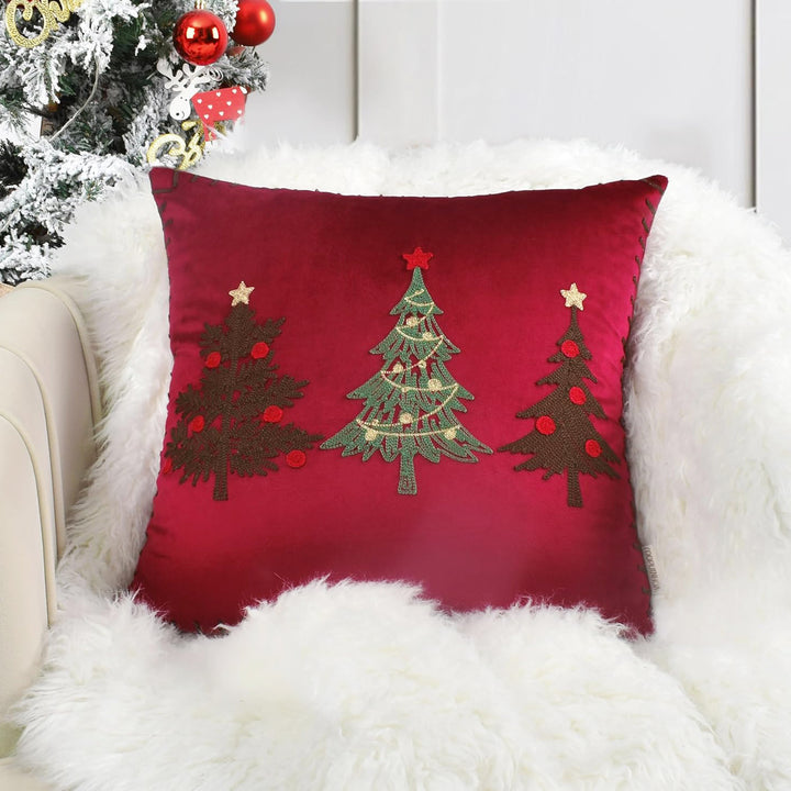 Embroidered Christmas Tree Square Throw Pillow Cover with Whipstitch Edge