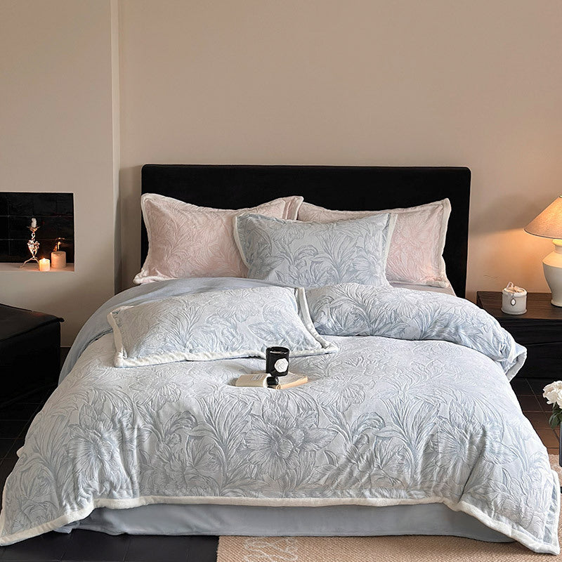 Quilted Velvet Duvet Cover Set with Floral Relief and Soft Filling Edge