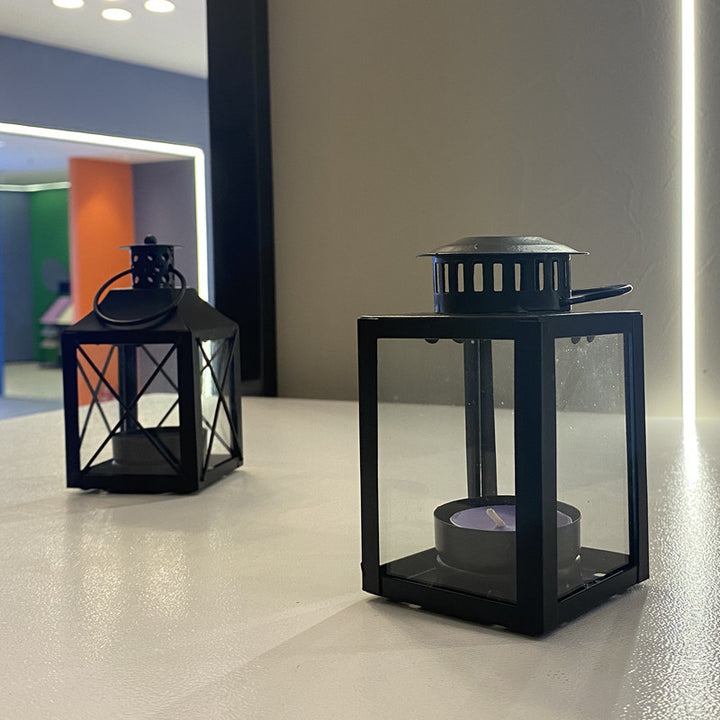 Mini Metal Tea Light Lantern with Glass Panels and Foldable Carry Handle Kalsten