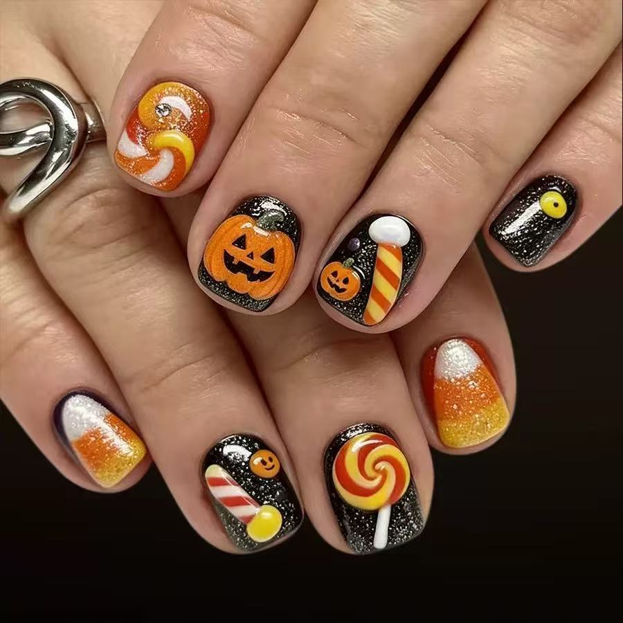 Halloween Fake Nail Set with playful pumpkin and candy motifs Kalsten