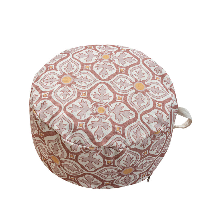 Round seat pouf with woven jacquard structure and practical carrying handle Kalsten