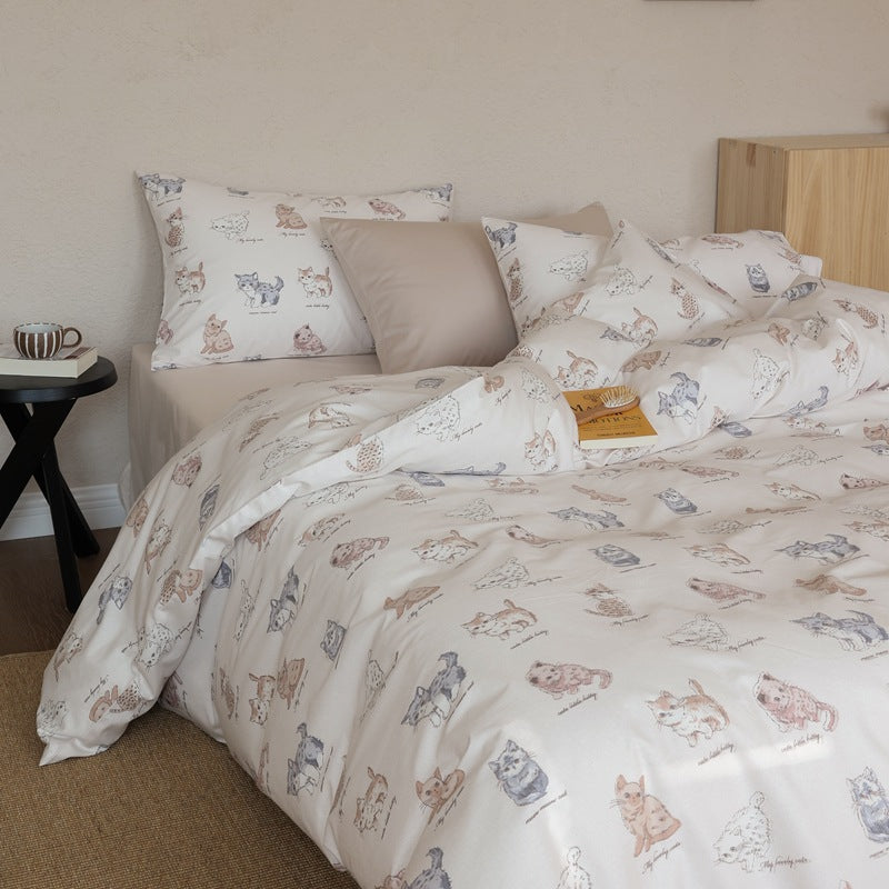 Playful cotton percale bedding set with watercolor dog illustrations