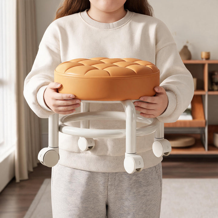 Round Tufted Padded Swivel Stool with Rolling Casters and Circular Footrest