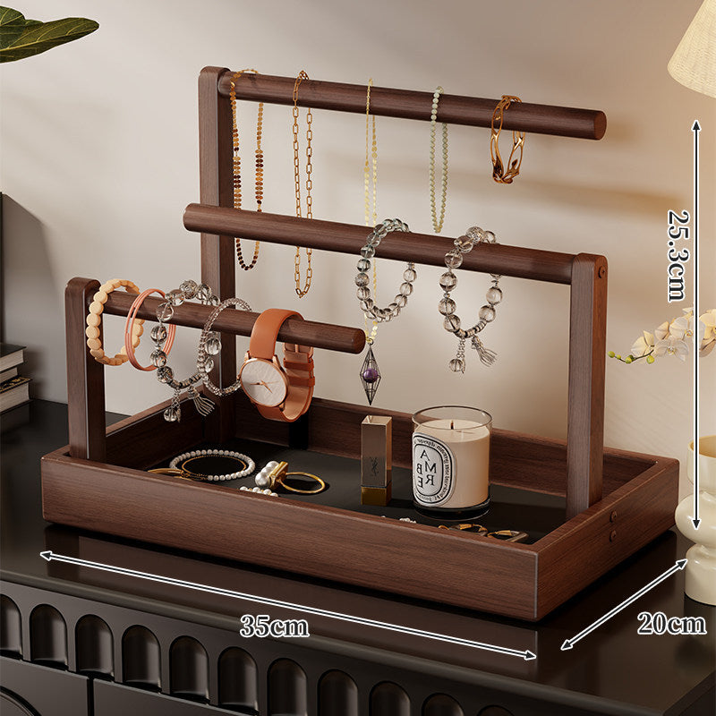 Tiered Wooden Jewelry and Watch Organizer with Tray and Hanging Rods