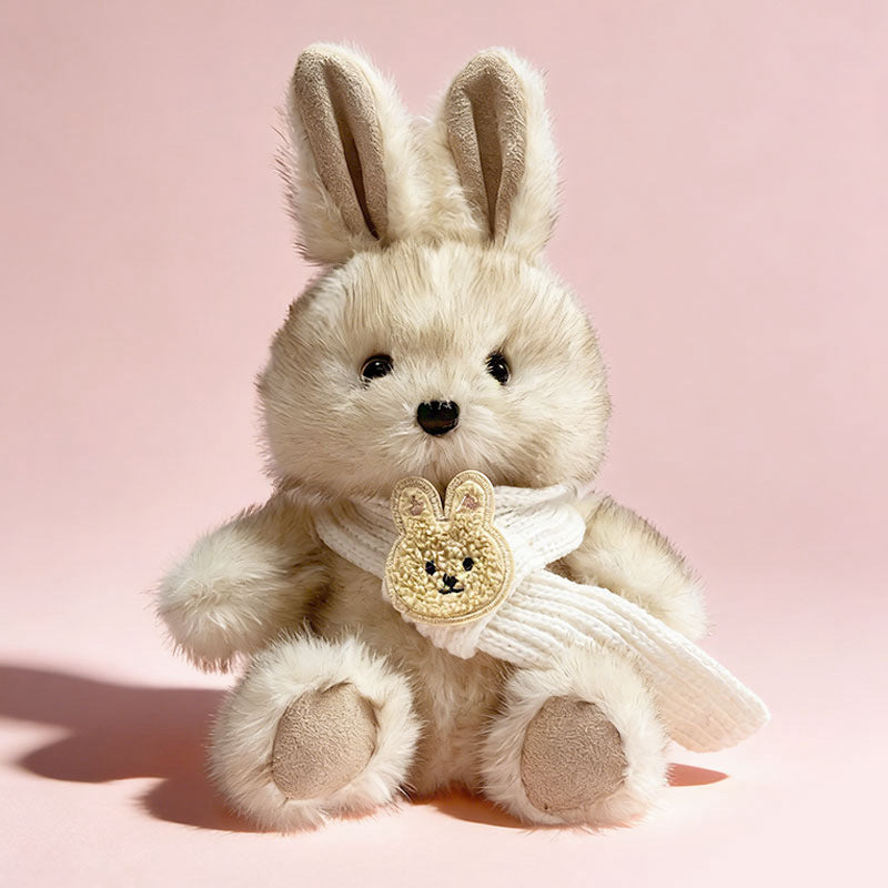 Plush Sitting Bunny Comforter Toy with Ultra-Soft Faux Fur, Embroidered Face and Knit Scarf Kalsten